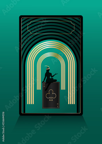 Ace of clubs in golden on black Playing card, woman and gold arches Art deco  style Banner template Copy space Vector illustration