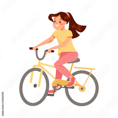 Little Girl Character Riding Bicycle Doing Sport Exercise Vector Illustration