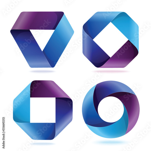 Infographic blue and purple curled paper triangle, rectangle and circle shapes on white background photo