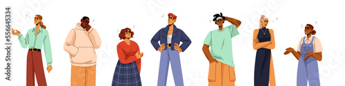People with question marks, thinking, doubting and asking. Curious troubled thoughtful confused characters solve problem. Puzzled men, women set. Flat vector illustrations isolated on white background