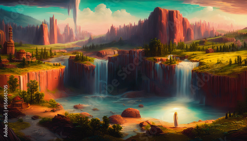 Painting of a waterfall landscape, Generative AI