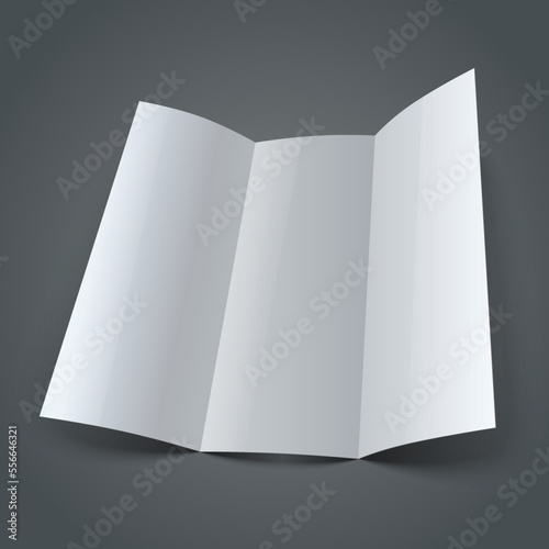 Blank shiny paper tri-fold brochure mock-up with realistic shadow on dark grey background