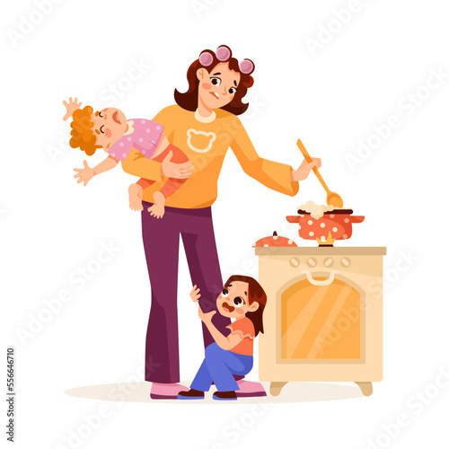 Tired Mom Cooking at Kitchen Holding Crying Baby and Naughty Capricious Daughter Holding Her Leg Vector Illustration