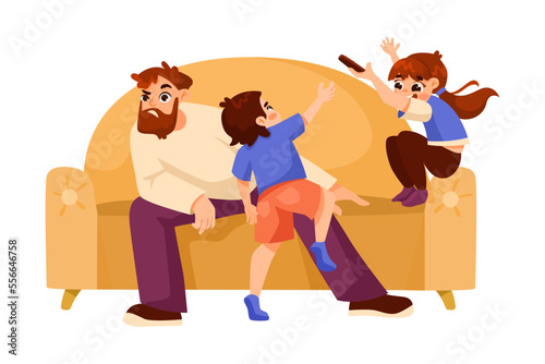 Tired Dad on Sofa with Naughty Capricious Son and Daughter Vector Illustration