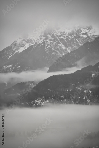 Dreamy mysterious winter landscape with fog and snow covered mountains and trees