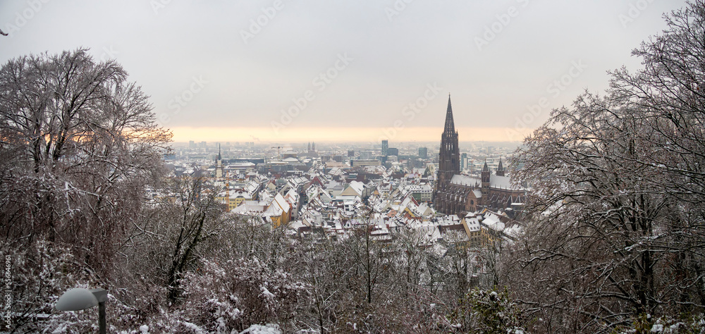 Panoramic view of old town Freiburg Minster cathedral from Schlossberg mountain hill. Winter destination for Christmas travel. Snow-covered Black Forest viewpoint with snowy city roofs.