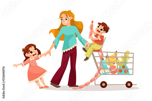 Tired Mom with Shopping Cart and Naughty Capricious Daughter Pulling Her Hand Vector Illustration