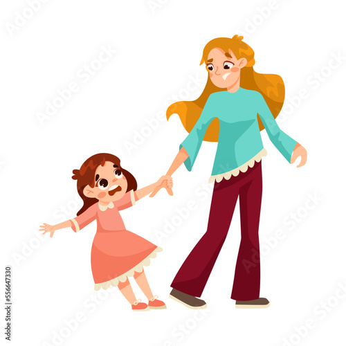 Tired Mom with Naughty Capricious Daughter Pulling Her Hand Vector Illustration