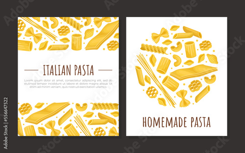 Italian and homemade pasta card templates set. Italian cuisine traditional food, dry macaroni of various shapes banner, poster cartoon vector