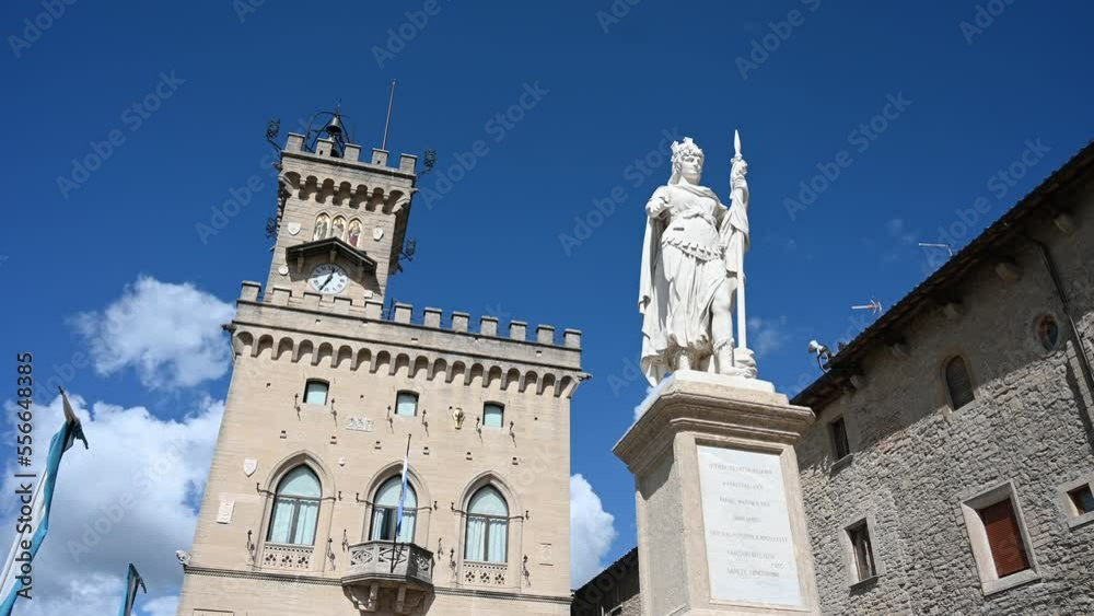 San Marino: Parliament Building on Liberty square. Monument. Statue of Liberty. San Marino: Parliament Building on Liberty square. Monument. Statue of Liberty.