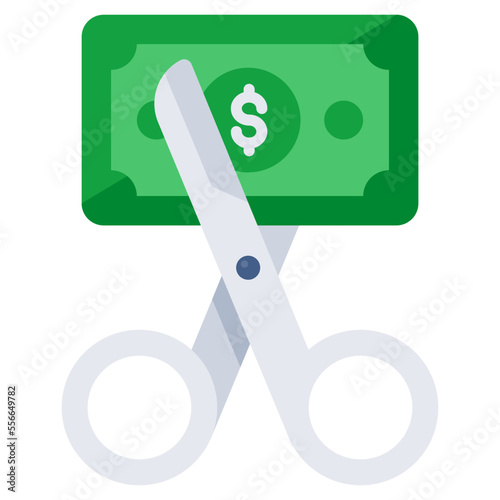 Banknote with scissors showing concept of cut price icon 