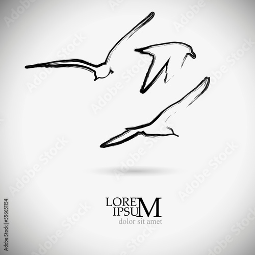 Flying seagulls logo with a brush line. Vector illustration