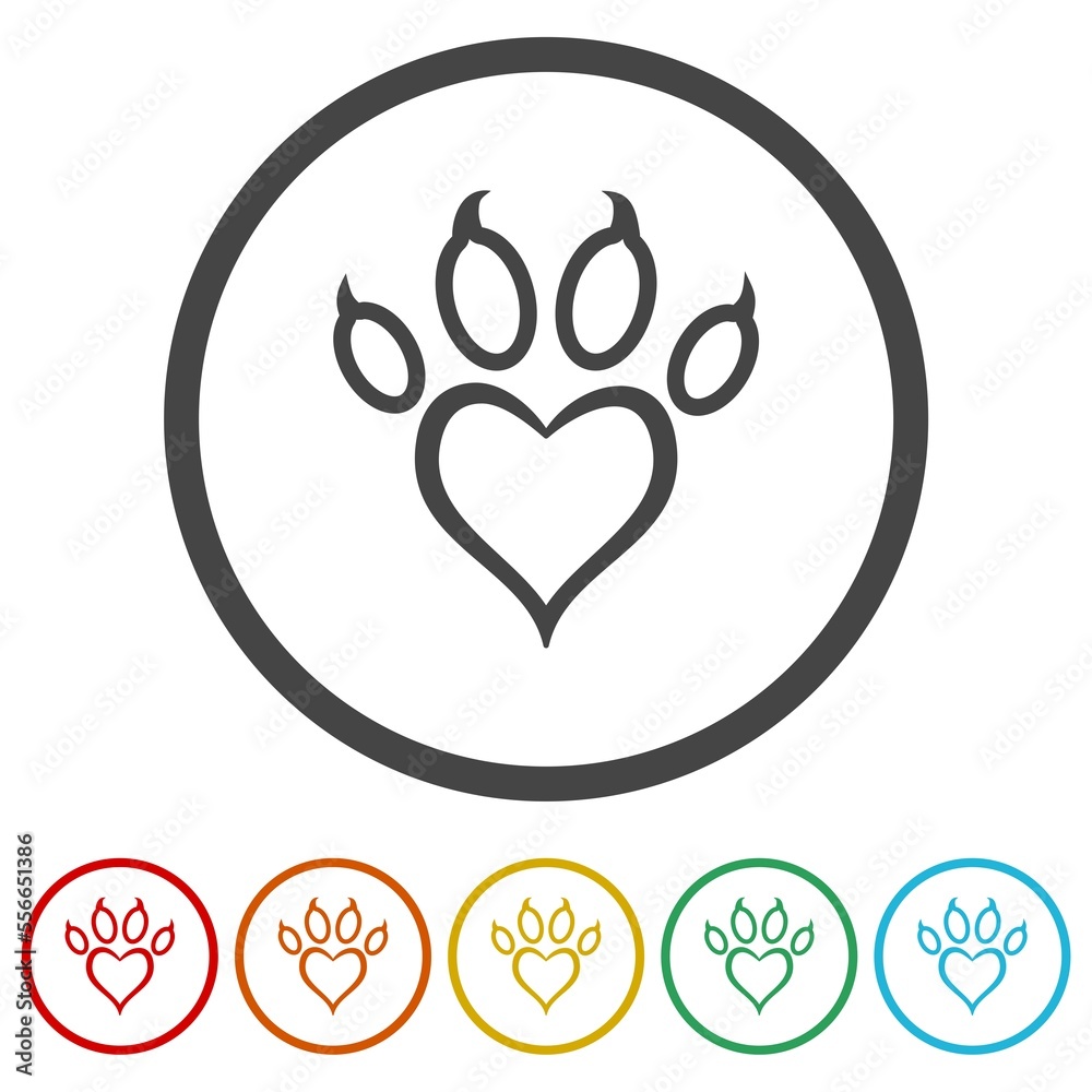 Paw print heart concept symbol. Set icons in color circle buttons Paw print heart concept symbol. Set icons in color circle buttons