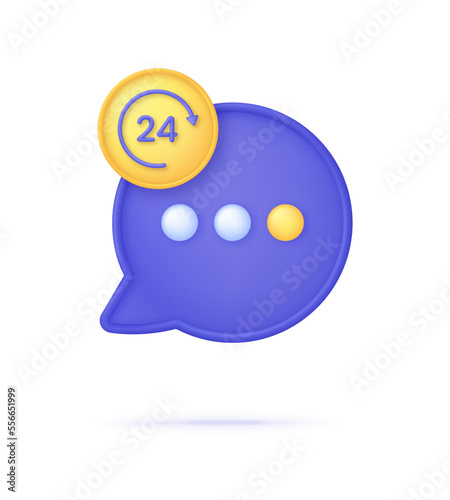 3D Speech Bubble and 24 hours watch with arrow. Chatting, support service, help, working hours concept.