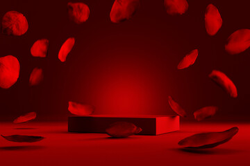 Red product podium placement on solid background with rose petals falling. Luxury premium beauty, fashion, cosmetic and spa gift stand presentation. Valentine day present showcase.