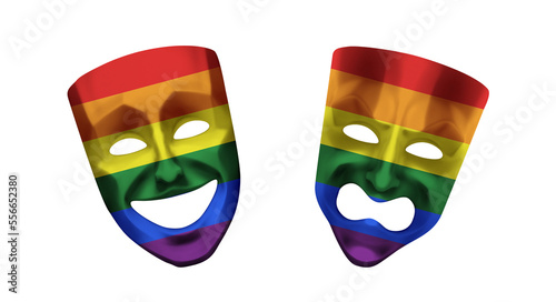 Theater 3d masks in colors of LGBTQ flag on white background