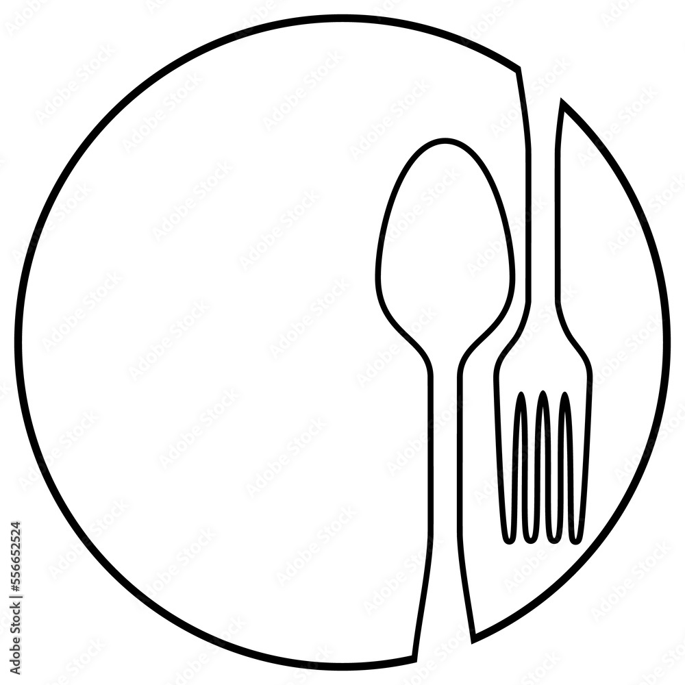 Logo restaurante. Icono aislado lineal cubiertos en círculo - obrazy, fototapety, plakaty 