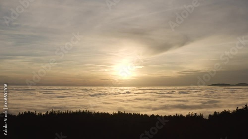 aerial footage of a cloudy sunset over austrian woods photo