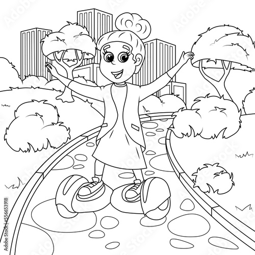A girl rides a gyroscope in the park. Coloring book for children. vector illustration
