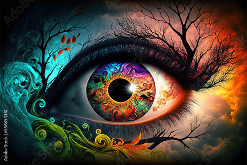 Colorful fantasy eye created with Generative AI technology