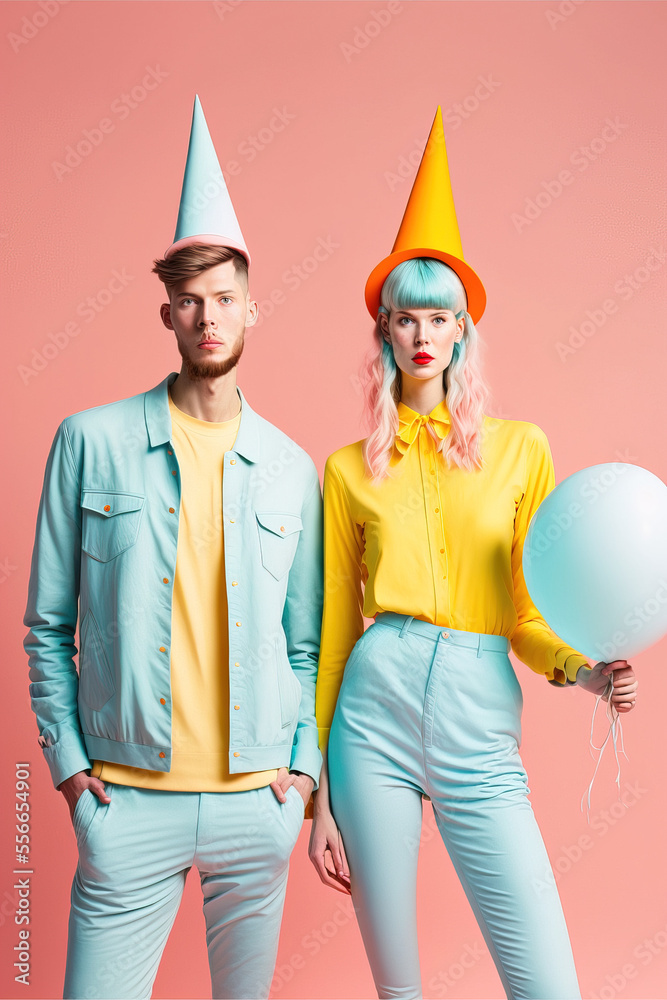 Fashionable couple in love looks like supermodels. The old fashioned, retro  birthday hats on heads. Modern elegant people in fashion clothes in  matching pastel outfit. Illustration. Generative AI. Illustration Stock