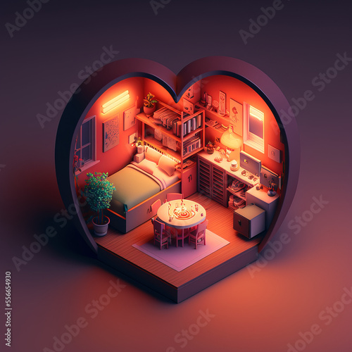 3d rendering bedroom isometric interior, open view. Warm home atmosphere in love nest. Holiday decoration, nice dollhouse. Valentine's Day design. Generative AI.