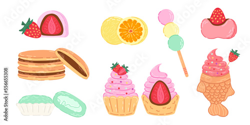 Set of different asian sweets: daifuku, dango, taiyaki, dorayaki, mochi.
