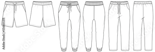 mens drawstring waist short pant and jogger bottom flat technical cad drawing template photo