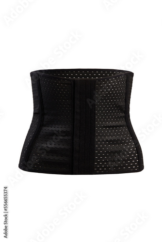 Close-up shot of a black women's waist shaping corset with three rows of hooks. The waist trainer corset is isolated on a white background. Front view.