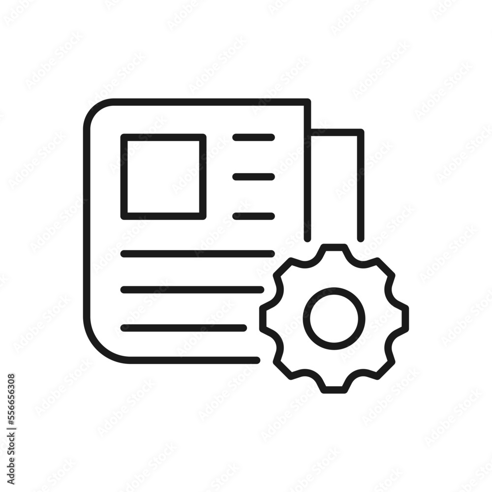 Newspaper and cogwheel. News setting icon line style isolated on white background. Vector illustration Newspaper and cogwheel. News setting icon line style isolated on white background. Vector illustration