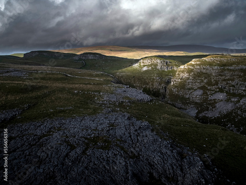 Fotografie Aerial views of Limestone Pavement near Malham with Comb Hill and Dean Moor Hill