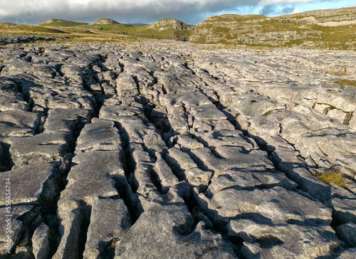 Aerial views of Limestone Pavement near Malham with Comb Hill and Dean Moor Hill in the distance