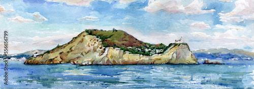 Watercolor painting of the island next to Procida, Italy. Wide web banner.	