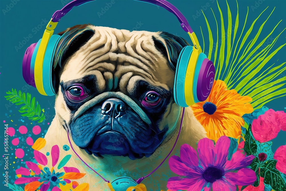 Flower power hippie pug in nature with colorful sunglasses and headphones, out and about exploring lovely springtime outside.	
