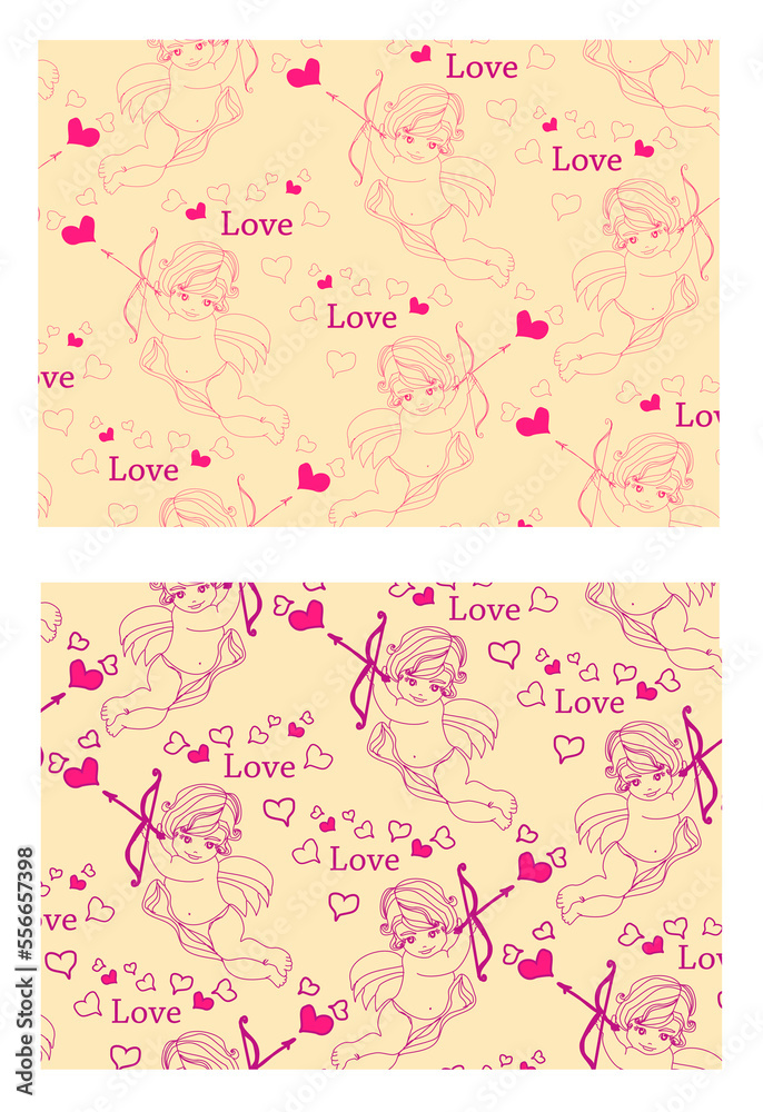 valentine pattern with cupids, hearts and bow