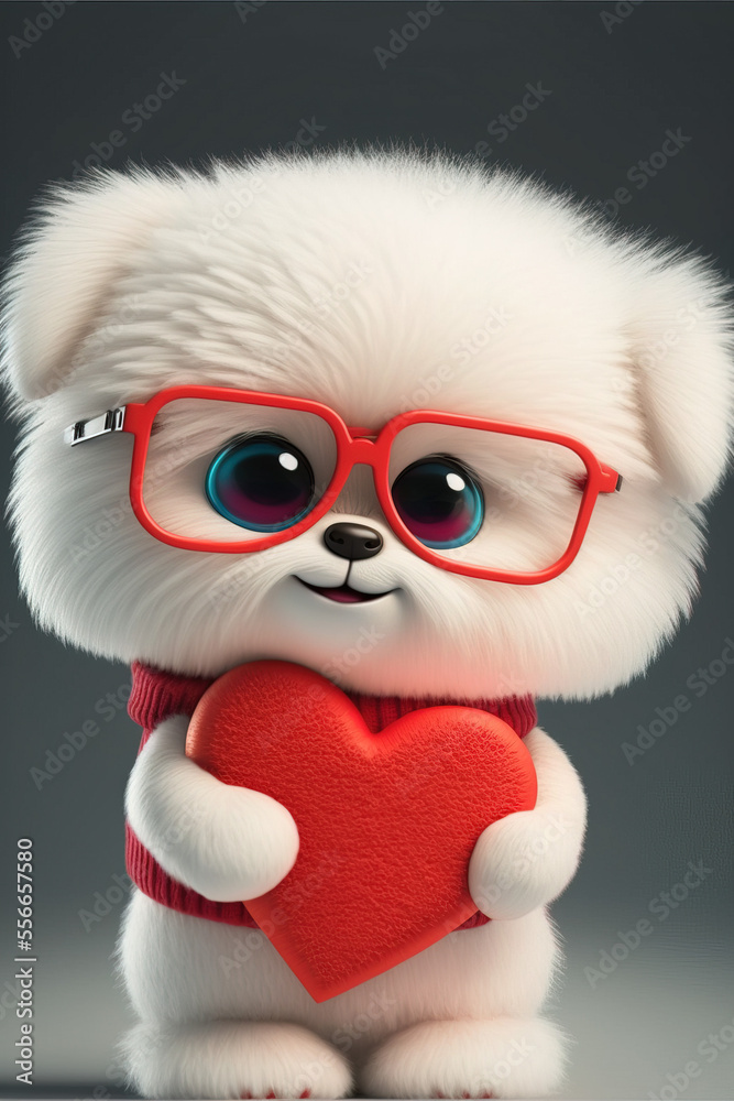 A cute little white puppy carrying a big red heart as a symbol of love. Creative, animal concept. Valentine's Day spent with a pet, a small dog in woolen clothes. Illustration. Generative AI.