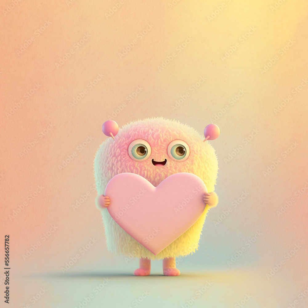 A small, cute, illustrated, fantasy, pastel color creature of wool holding a love heart. A baby monster from a children's fairy tale. Generative AI. A small, cute, illustrated, fantasy, pastel color creature of wool holding a love heart. A baby monster from a children's fairy tale. Generative AI.