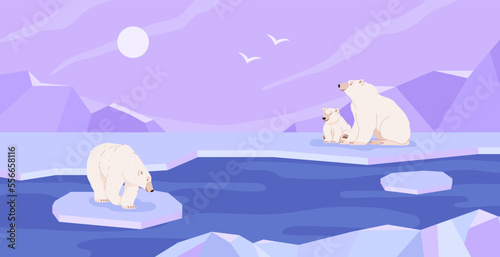 Arctic landscape with adult and cub polar bears flat style, vector illustration