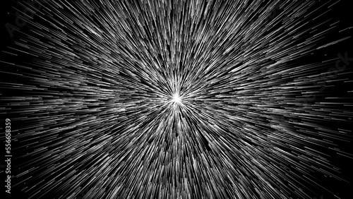 Endless road to bright future. Light at the end of tunnel. Divine essence. Flight across galaxy, space travel. Abstract fantastic background. Monochrome on black background 3D render