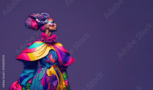 Fashion model in a colorful, modern, abstract dress. Futuristic catwalk outfit. Vivid colors, party look. Bright colors background. Illustration. Generative AI.