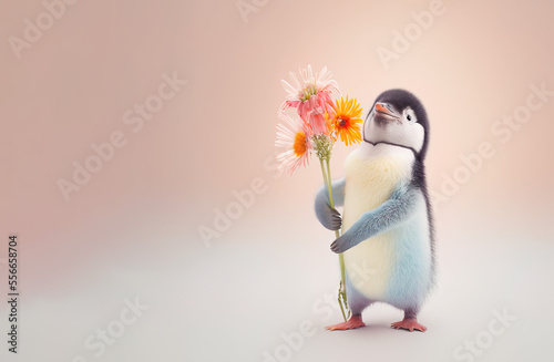 A cute little baby penguin carrying a big bouquet of fresh Spring flowers as a symbol of love. Pastel, creative, animal concept. Valentine's Day. Illustration. Generative AI.