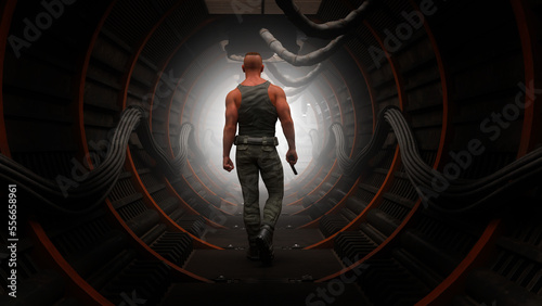 Fototapeta Naklejka Na Ścianę i Meble -  Muscular man wearing military clothing holding a gun and walking away towards bright light in a dark underground tunnel. 3D rendering.