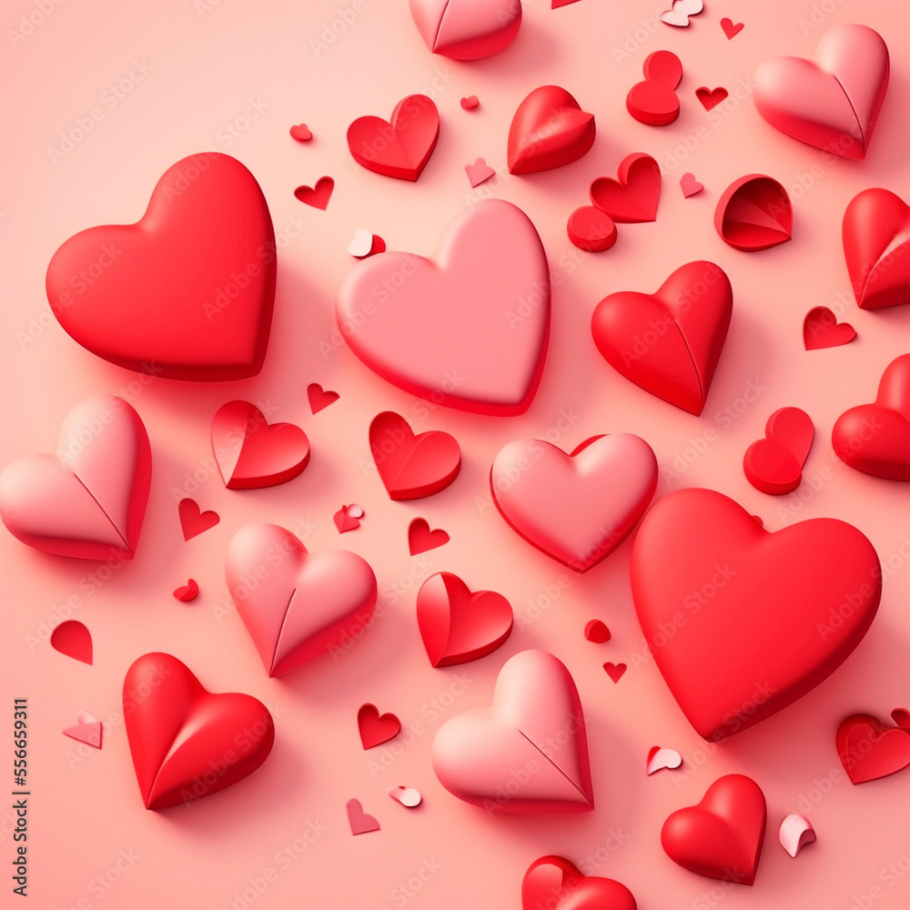 Lots of romantic red hearts on pink background. Generative AI, generative artificial intelligence
