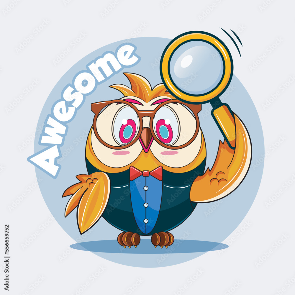 Naklejka premium Owl Teacher. Owl with magnifying glass vector illustration
