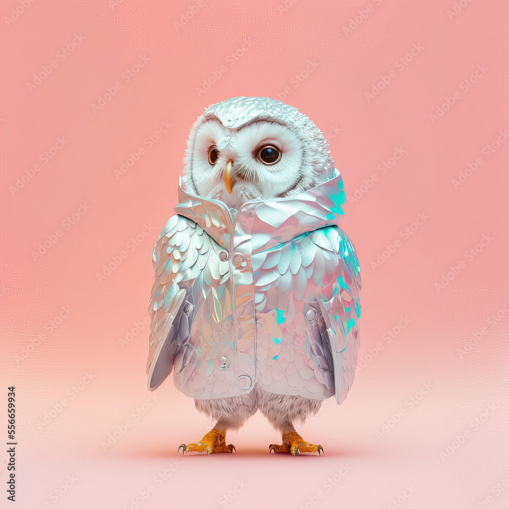 Fototapeta premium A cute little baby owl in a cyber neon aluminum raincoat as a symbol of love. Pastel, creative, animal concept. Valentine's Day. Illustration. Generative AI.