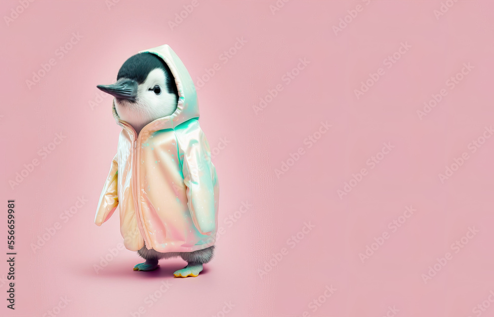 A cute little baby penguin in a cyber neon aluminum raincoat as a symbol of love. Pastel creative animal concept. Valentine s Day. Illustration. Generative AI. ilustracion de Stock Adobe Stock