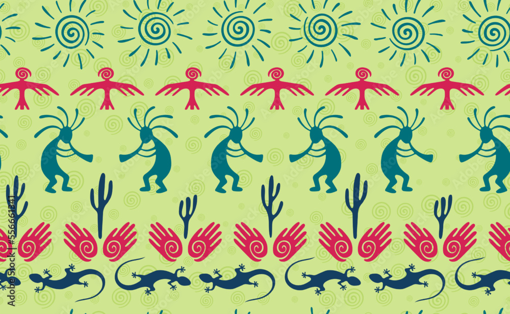 Fototapeta premium Kokopelli with flute, pangolin, hawk, sun symbol, hands and plant tribal vector seamless pattern.