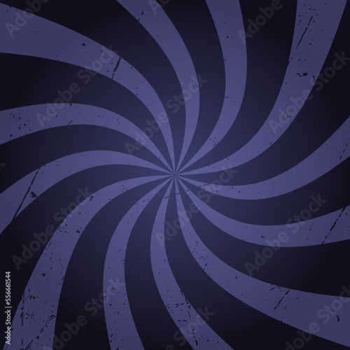 Retro circus background with curved rays. Rotating, spiral stripes. Old paper. Dark blue vintage background.