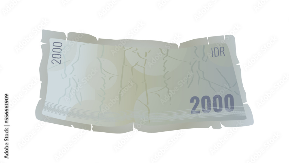 Vector illustration of torn and damaged 2000 rupiah banknote, in trendy flat cartoon design style, isolated on white background. Anti-global recession money. IDR 2000 money from Indonesian bank.