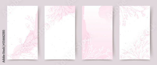 Pink background with hand drawn flower elements in line art style. Floral frame. Editable vector banner for social media post, card, cover, wedding invitation,
poster, mobile apps, web ads #556662180